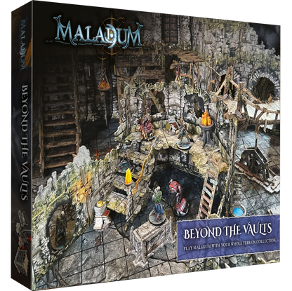 Maladum: Beyond the Vaults game box. Its cover depicts fantasy miniatures battling monsters in a detailed, multi-level dungeon.