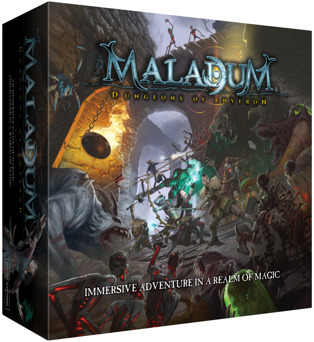 Maladum board game box featuring a fantasy illustration of heroes battling diverse monsters in a dungeon