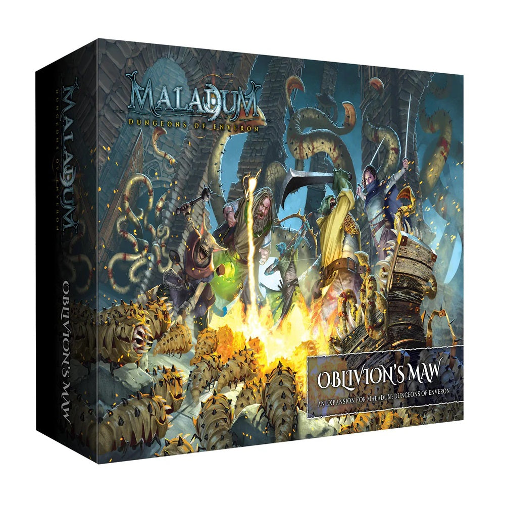 Maladum: Oblivion's Maw game box. Adventurers battle giant tentacles and spiky monsters in a fiery dungeon.
