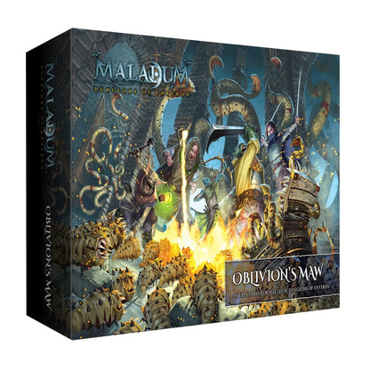 Maladum: Oblivion's Maw game box. Adventurers battle giant tentacles and spiky monsters in a fiery dungeon.