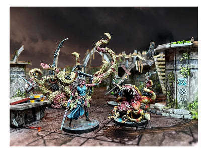 Painted miniatures: A female fantasy character with a sword and outstretched hand confronts a huge tentacled monster in ruins.