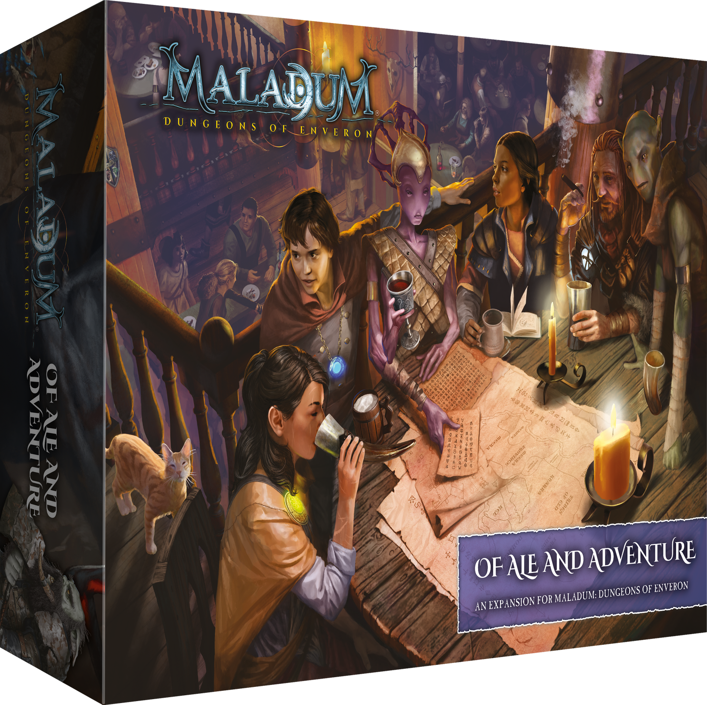 Box art for Maladum: Of Ale and Adventure with diverse fantasy adventurers drink and discuss a map in a tavern