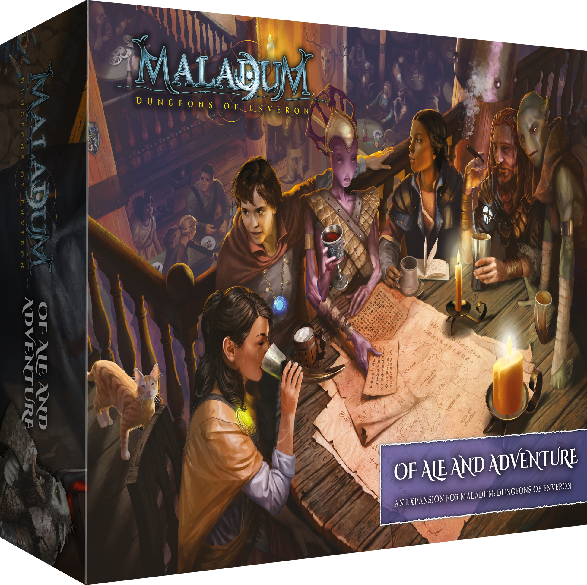 Box art for Maladum: Of Ale and Adventure with diverse fantasy adventurers drink and discuss a map in a tavern