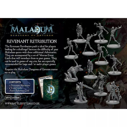 Maladum: Revenant Retribution expansion, showing twelve unpainted grey Revenant miniatures and game cards.