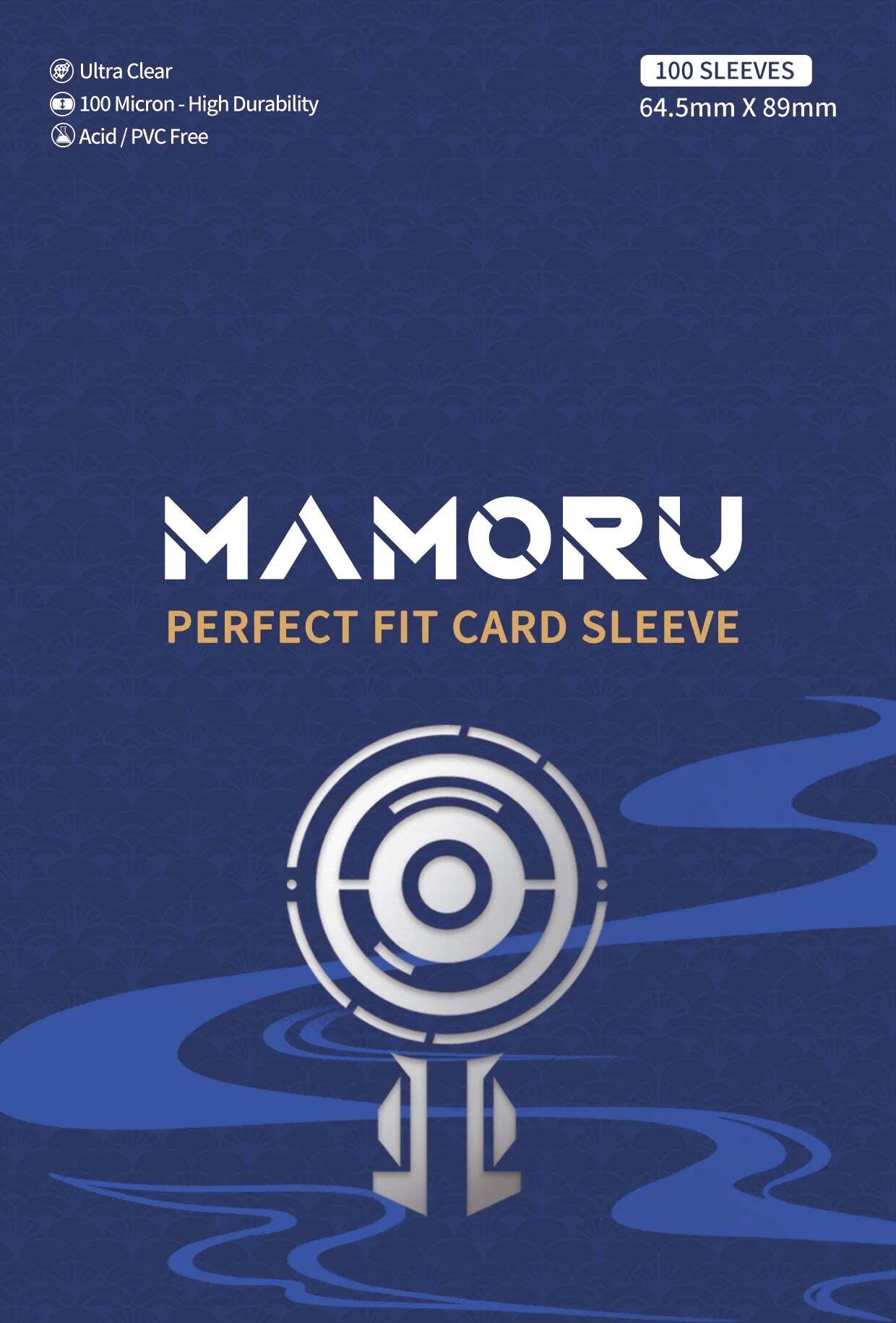 MAMORU Perfect Fit Card Sleeves, dark blue design with white logo & wavy blue elements