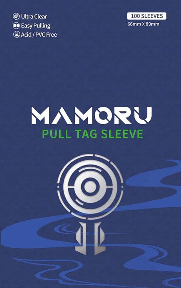 Dark blue packaging for MAMORU Pull Tag Sleeves, 100 count, 66x89mm, features Ultra Clear, Easy Pulling, Acid/PVC Free text, and a white geometric logo