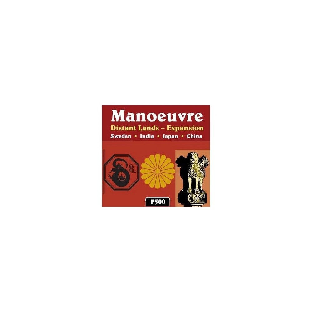 Red cover for "Manoeuvre: Distant Lands - Expansion" with Chinese dragon, Japanese chrysanthemum, and Indian lion symbols