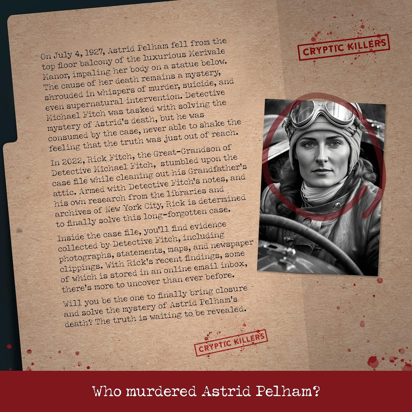 Black-and-white photo of a woman in a vintage pilot cap and goggles, on a detective case file document