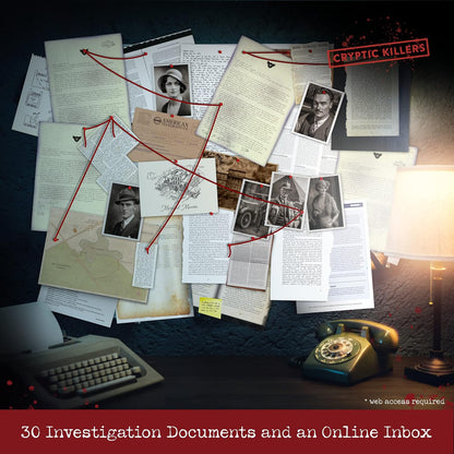 Cold case investigation board with documents, photos and red string; includes a vintage typewriter and rotary phone