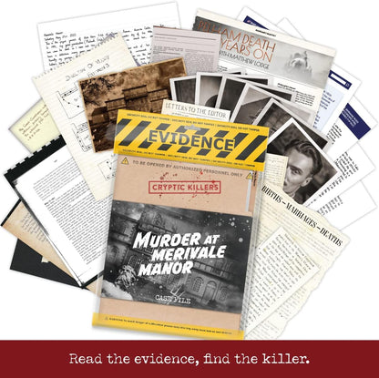 Case file labeled "Murder at Merivale Manor" surrounded by photos, handwritten notes and newspaper evidence