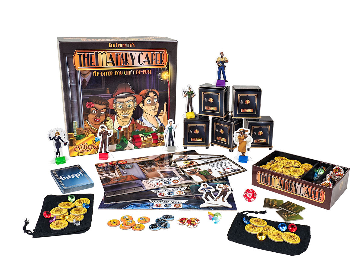The Mansky Caper board game, featuring box, game board, safes, player tokens, coins, and cards