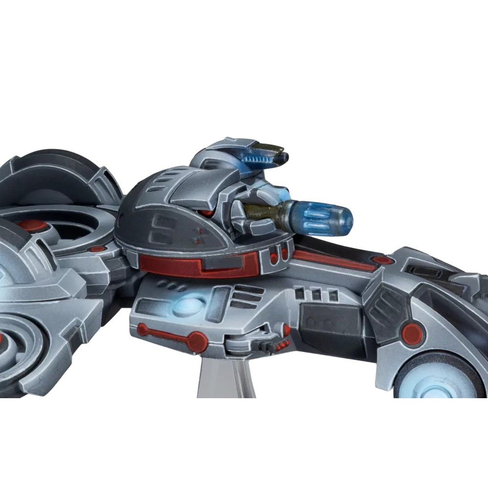 A detailed miniature of a grey futuristic combat vehicle with red accents and glowing blue energy on a clear stand