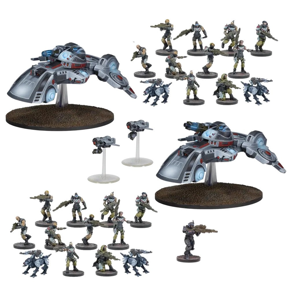 A collection of sci-fi tabletop miniatures: two gray and red vehicles, many armed soldiers and small drones