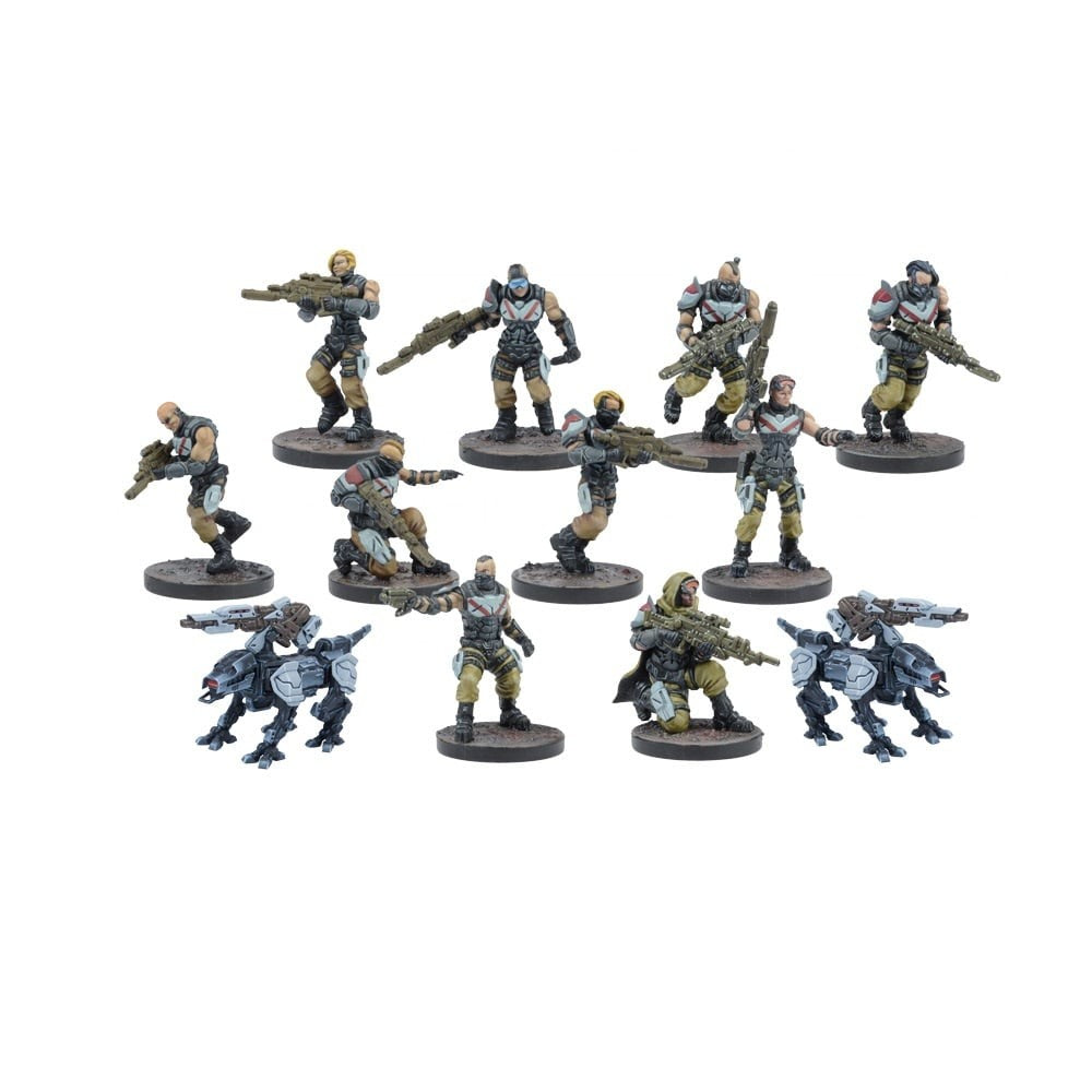 Twelve painted miniature wargame figures: 10 armed futuristic soldiers and 2 quadrupedal combat robots