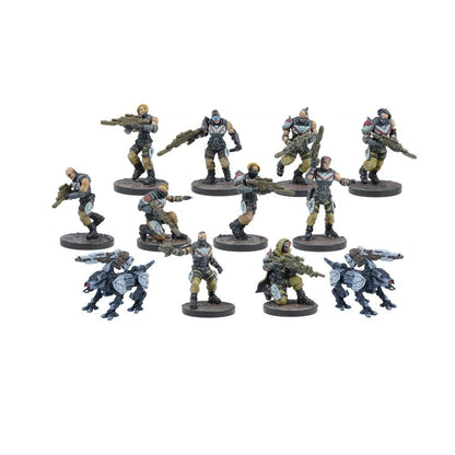 Twelve painted miniature wargame figures: 10 armed futuristic soldiers and 2 quadrupedal combat robots
