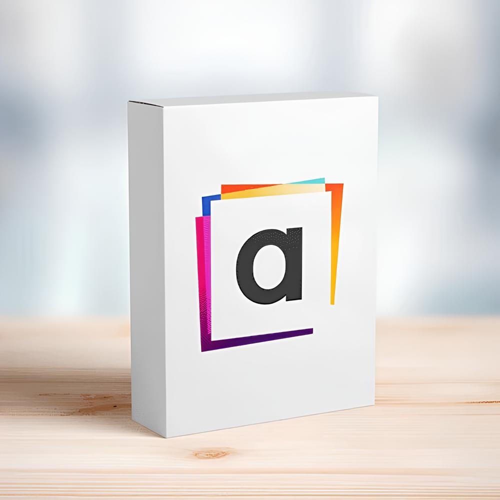 A white product box featuring a colorful logo with a black lowercase &#39;a&#39;, on a light wooden table.