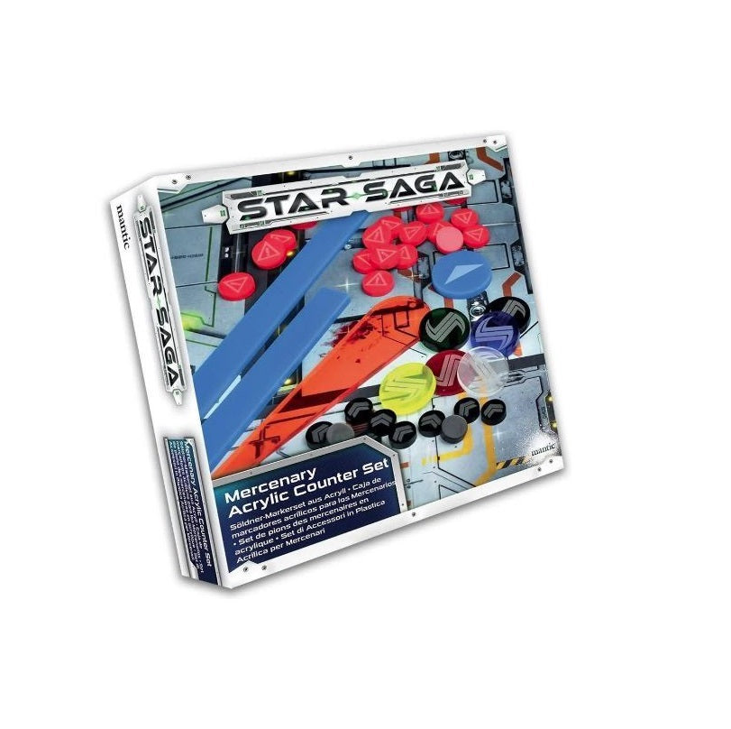 Star Saga Mercenary Acrylic Counter Set box, with colorful game counters on its cover art.
