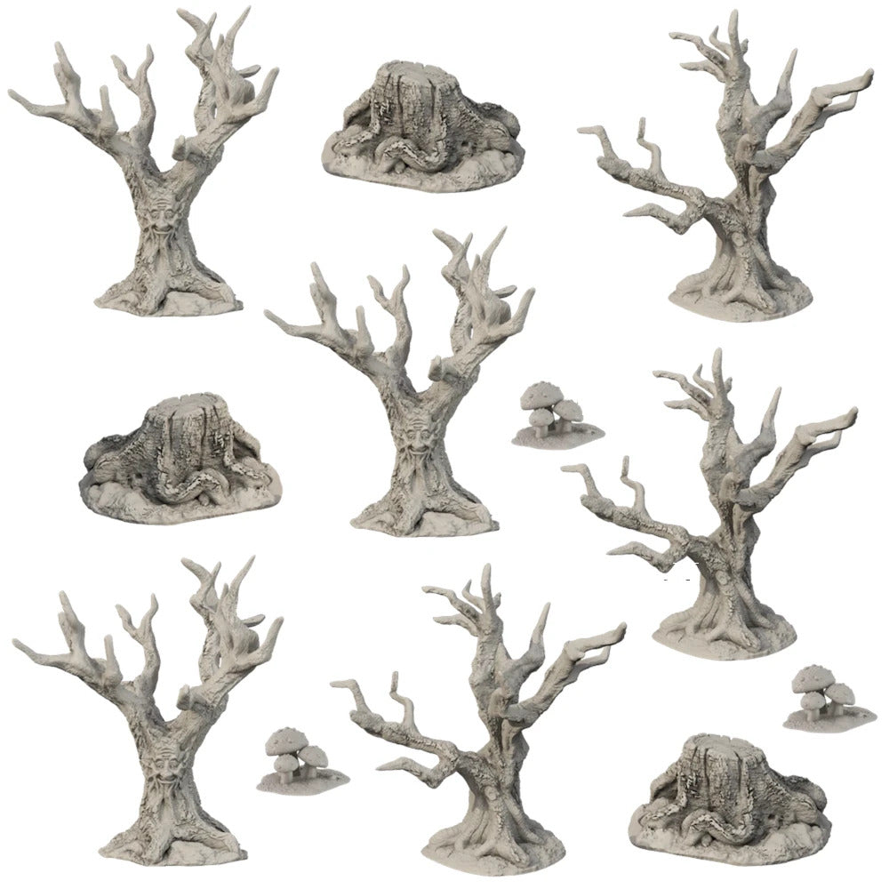 Grey miniature fantasy terrain: 6 gnarled trees (some with faces), 3 stumps, and 2 mushroom clusters.