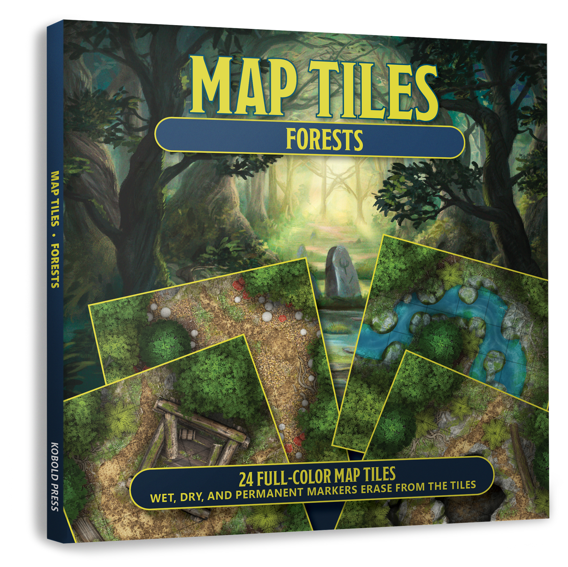 The Kobold Press Forest Map Tiles box features various detailed forest map tiles showing rivers, mushrooms, and ancient ruins, ideal for use with markers