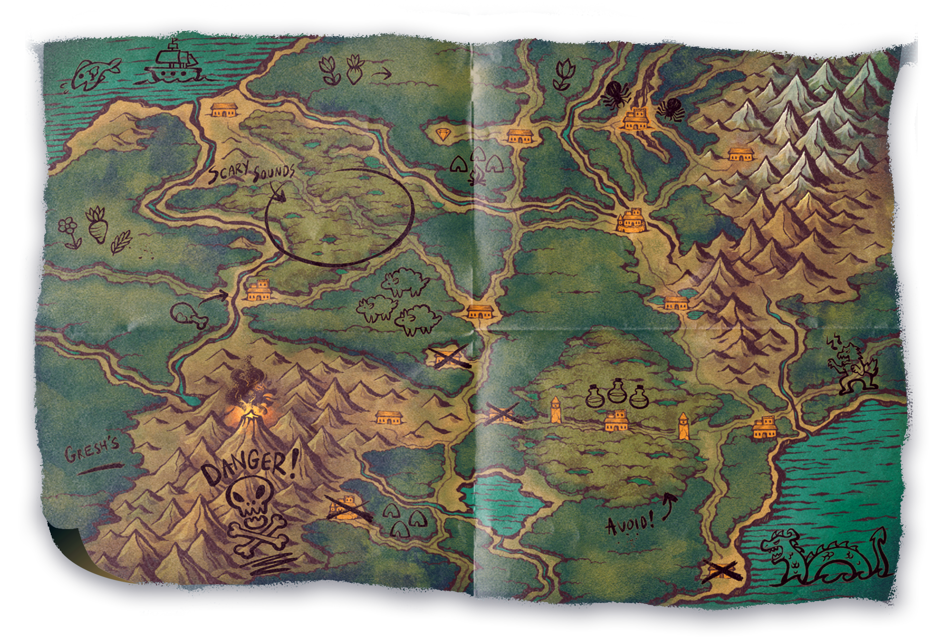 A hand-drawn, aged fantasy map displaying forests, mountains, rivers, a volcano, and distinct danger zones
