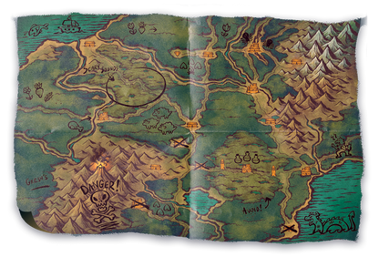 A hand-drawn, aged fantasy map displaying forests, mountains, rivers, a volcano, and distinct danger zones