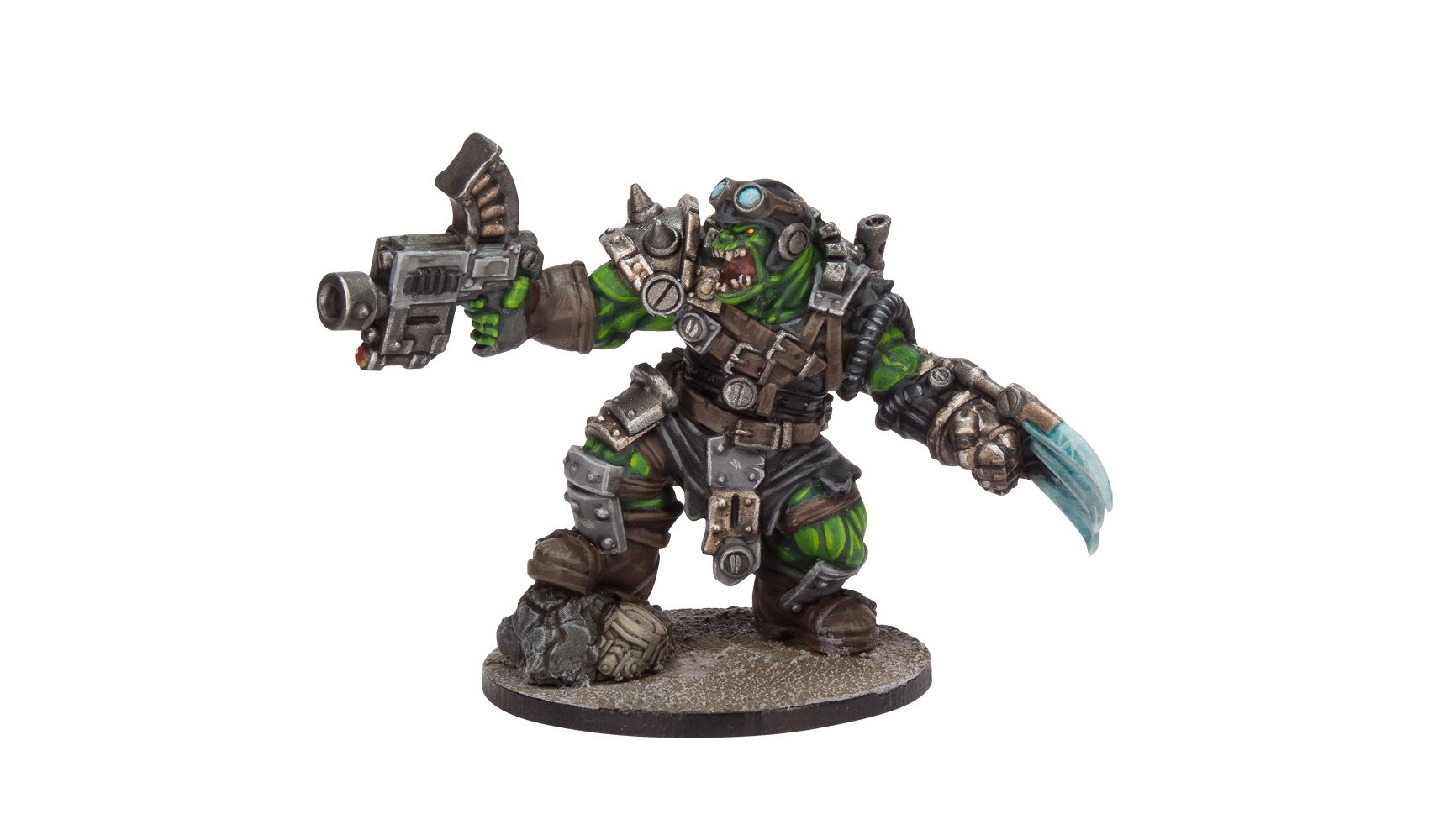 A painted miniature of a green-skinned armored orc, holding a futuristic gun and a large blue blade