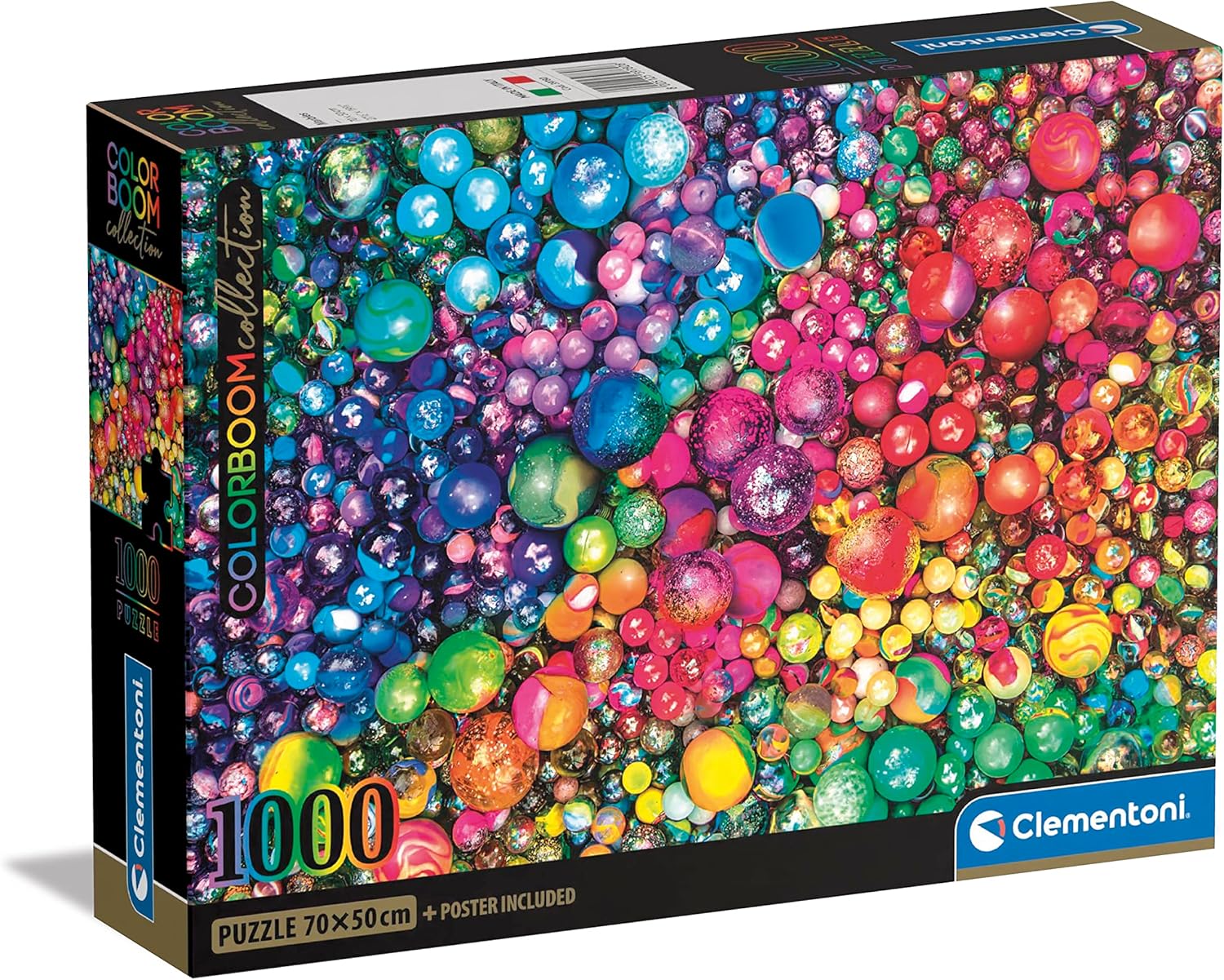 Clementoni Colorboom Collection 1000-piece puzzle box featuring a vibrant image of many shiny, multicolored spheres arranged in a rainbow gradient