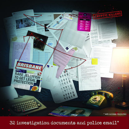 Crime investigation board with police documents, notes, fingerprints, red strings, a typewriter and a rotary phone