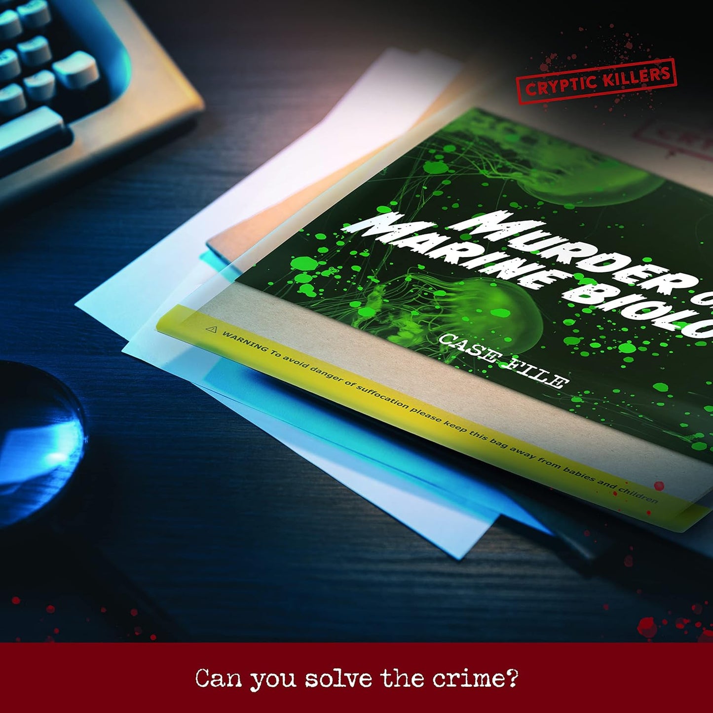 Murder of a Marine Biologist case file folder, featuring neon jellyfish, on a dark desk with a magnifying glass