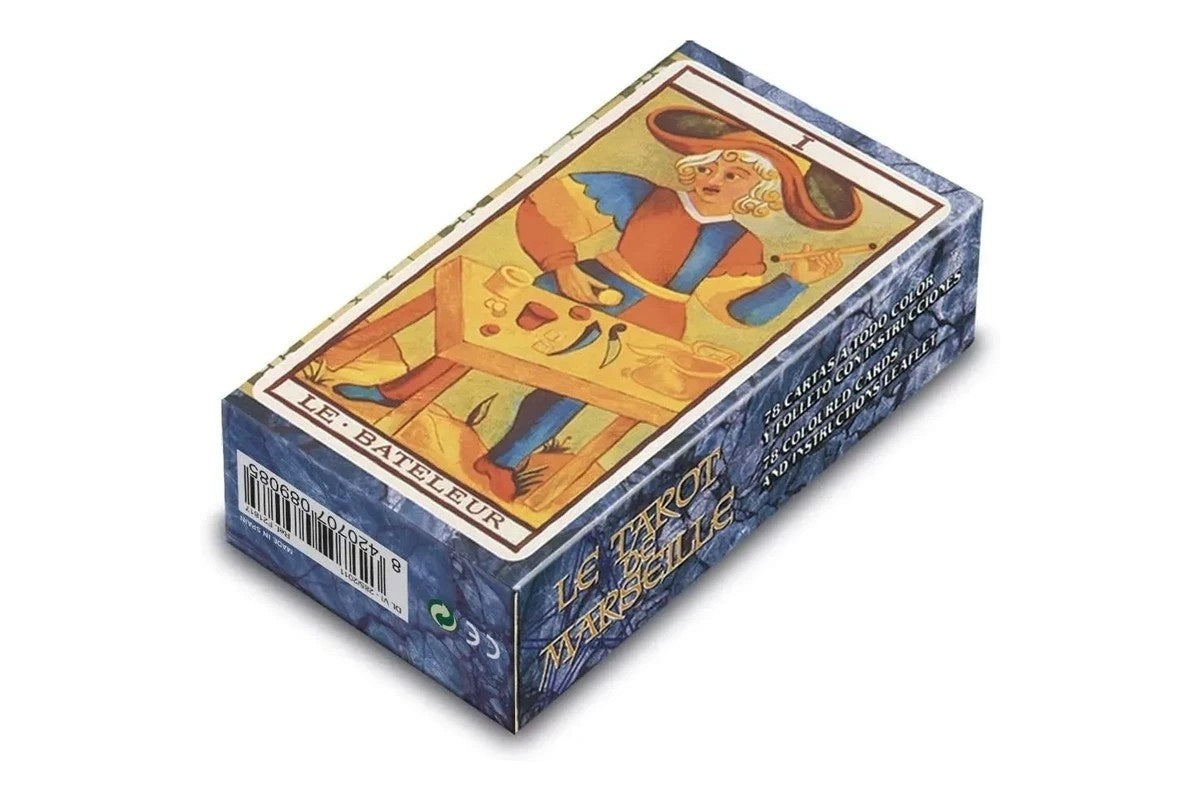 Marseille Tarot deck box with Le Bateleur card artwork on top and Le Tarot de Marseille text on the side