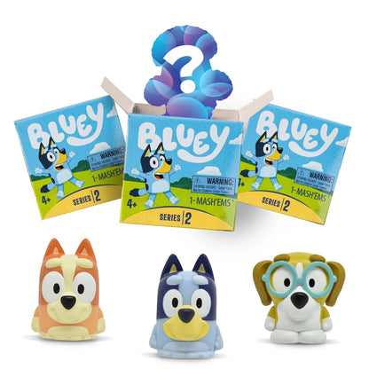 Three Bluey Mash'ems blind boxes (Series 2) above three collectible Bluey dog figures (Bluey, Bingo, and a friend)
