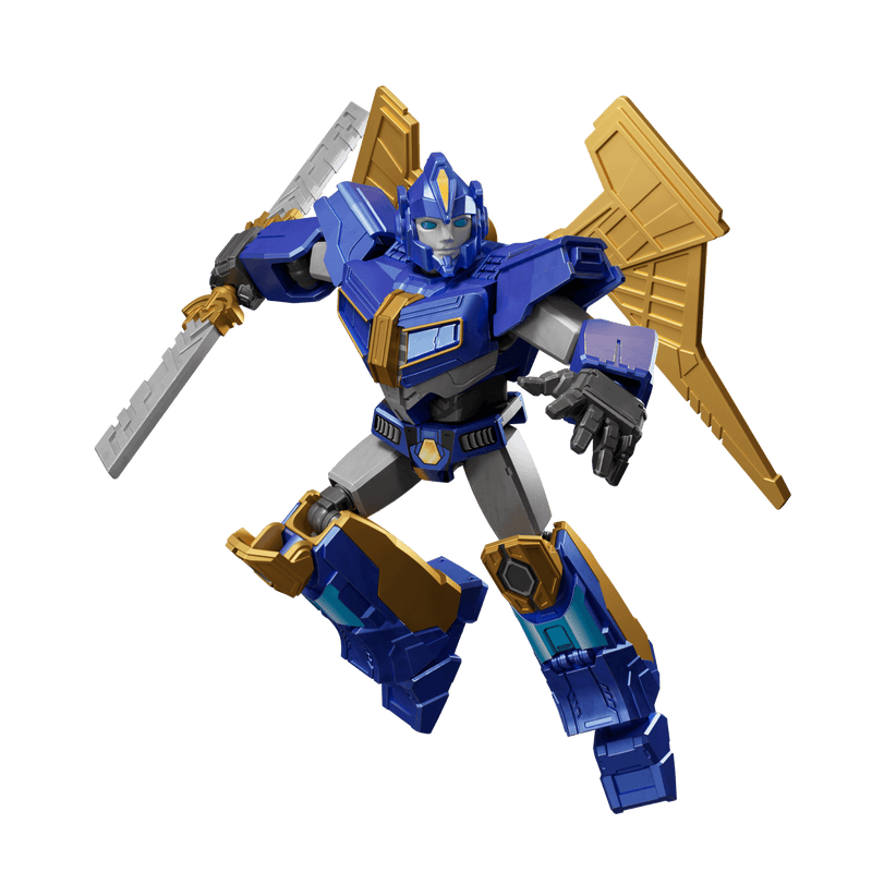 Dynamic blue and gold transformer figure holding a sword with large gold wings poised for action