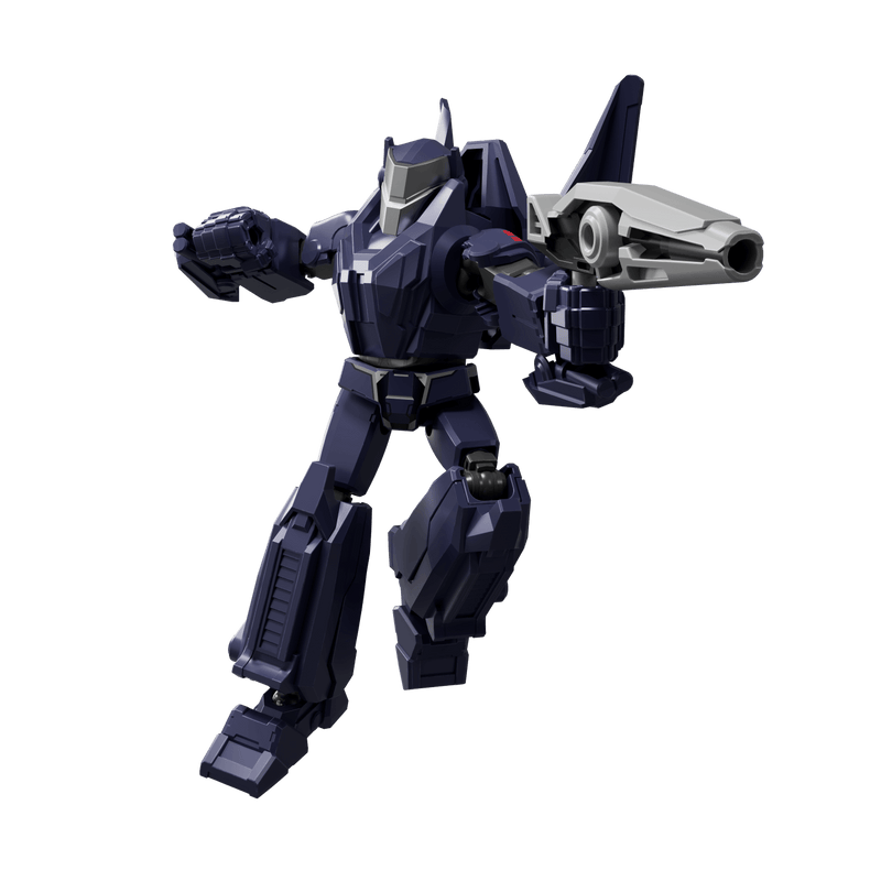 Dark blue robot toy with a light gray blaster arm attachment