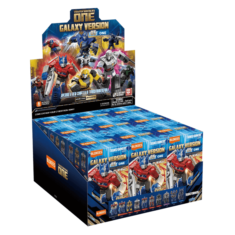 Transformers One Blokees Galaxy Version display box showcasing various collectible figures like Optimus Prime and Megatron