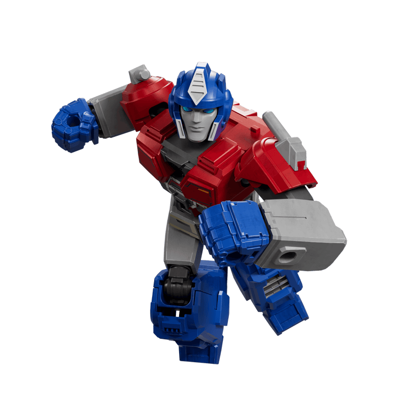 Red and blue plastic Optimus Prime action figure in a dynamic action pose