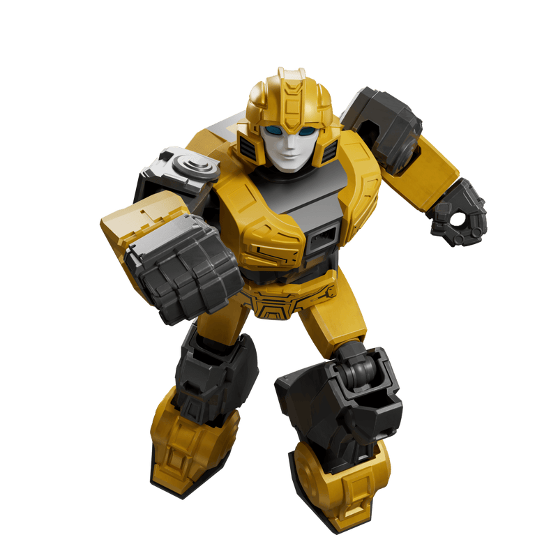 Bright yellow and grey transforming robot action figure standing in dynamic pose
