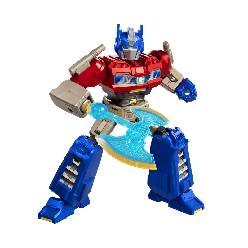 Optimus Prime action figure in red and blue with a translucent blue energy axe