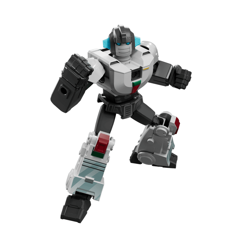 Action figure of a white gray and black robot with red and green chest detailing posed dynamically in mid-air