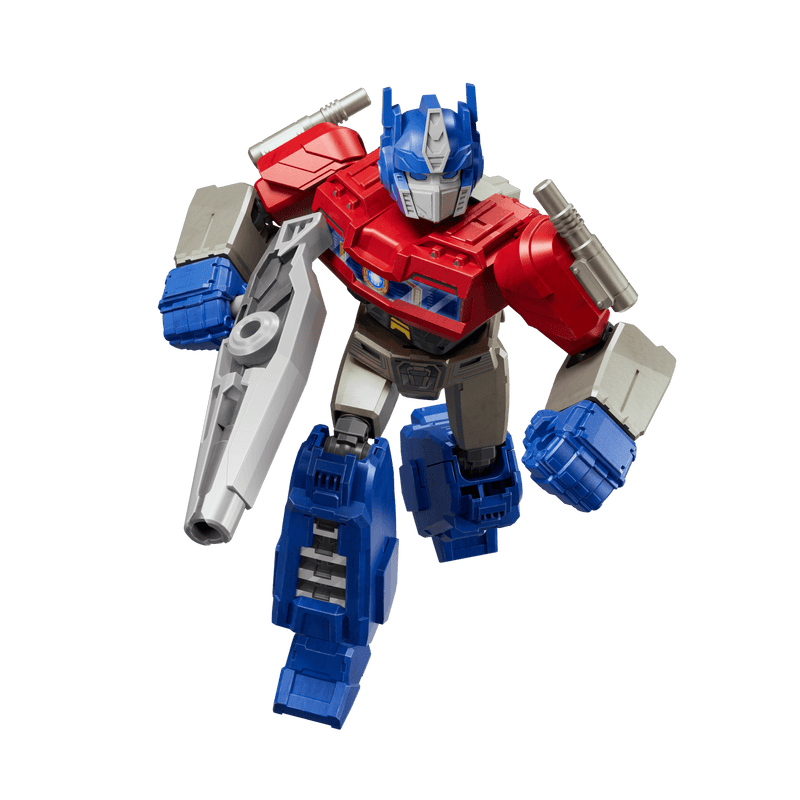Red and blue Optimus Prime action figure in dynamic pose holding a silver blaster