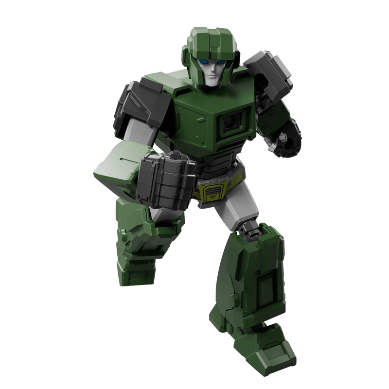 Render of a green and gray transforming robot action figure in a dynamic running pose
