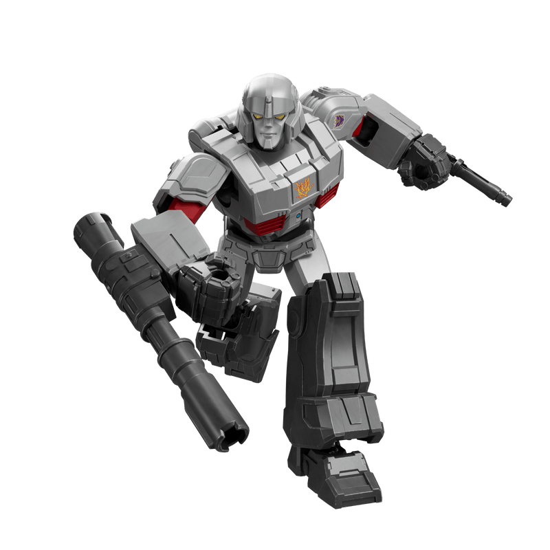 Silver and black Megatron action figure with red accents holding a large cannon and pistol