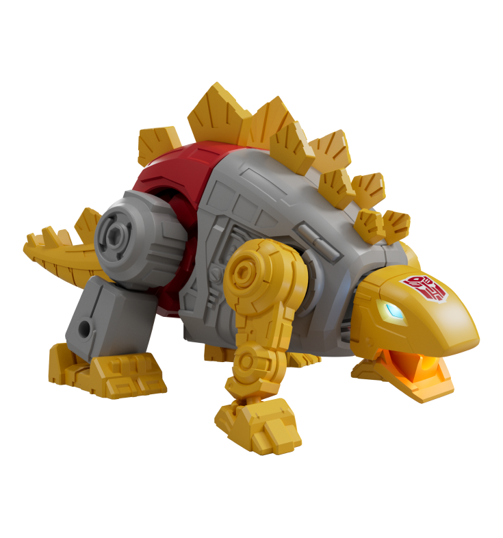 Yellow and gray toy dinosaur with red plating and light-up eyes and mouth