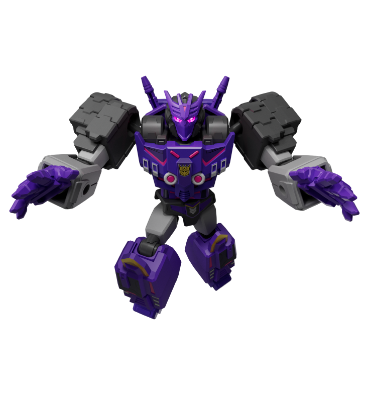 Purple and gray Transformers action figure with dark tires and yellow accents in a standing pose