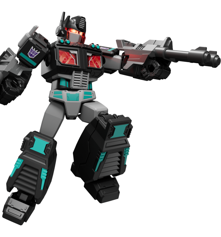 Transformers Nemesis Prime action figure in grey black and teal holding a rifle in a dynamic pose