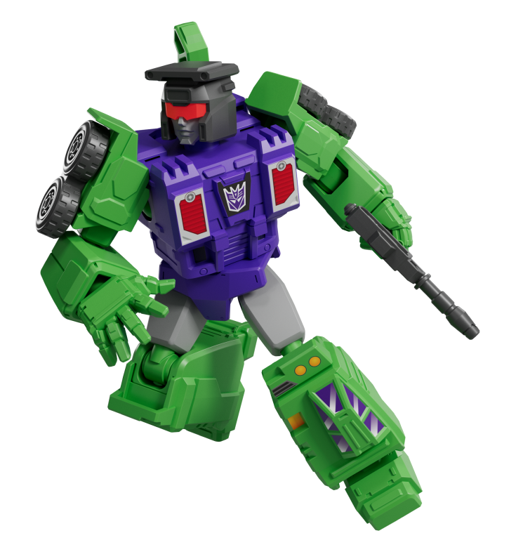 Green and purple Constructicon robot with red visor and Decepticon symbol on chest