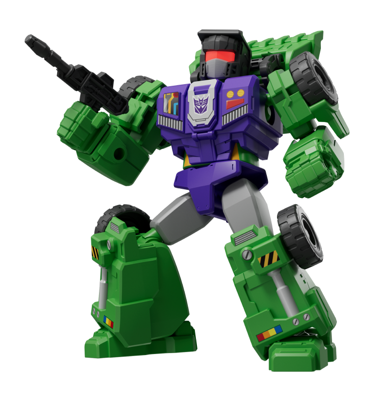 Green and purple Transformers robot action figure with gun accessory standing ready for battle