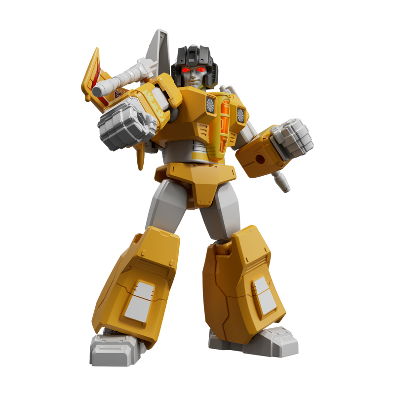 Yellow and gray robot toy with red eyes standing and holding a weapon