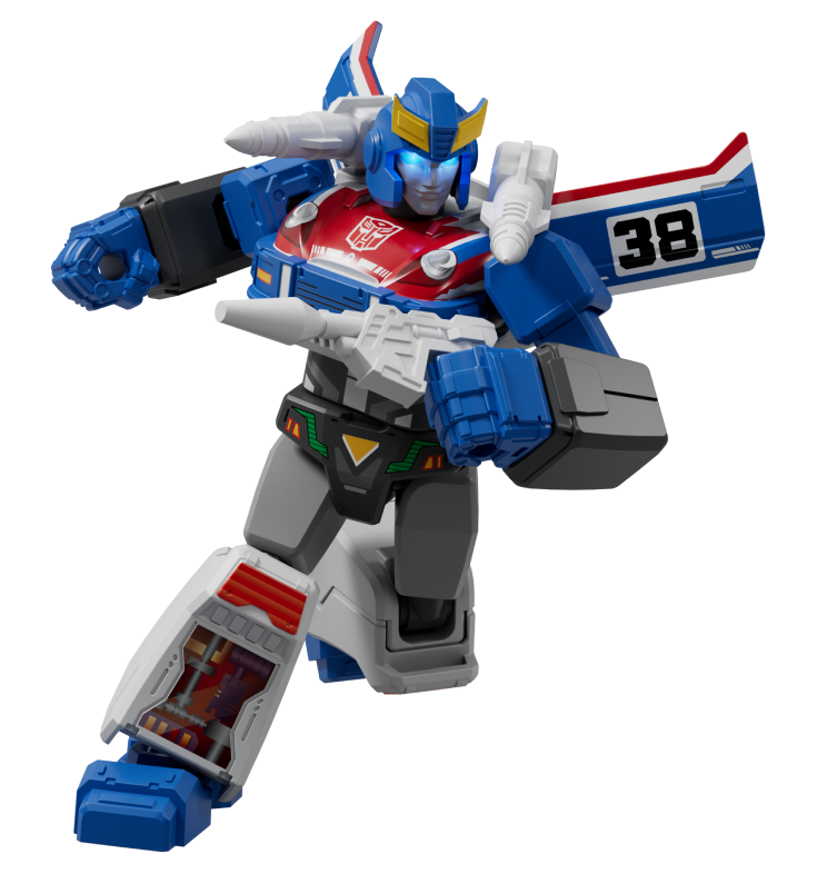 Transformers Masterpiece MP-57 Skyfire blue and red jet robot action figure in dynamic pose
