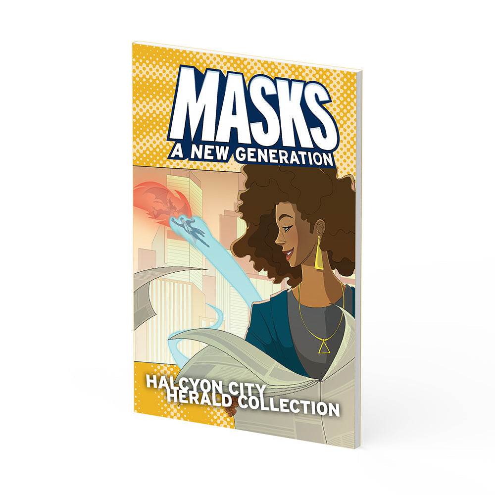 Cover for Masks: A New Generation. A woman reads a newspaper, as a superhero battles a dragon over a city.