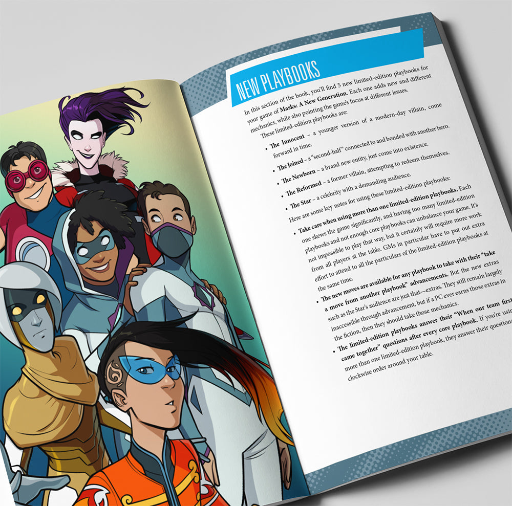 An open book shows a diverse group of superheroes on the left page and 'New Playbooks' text on the right.